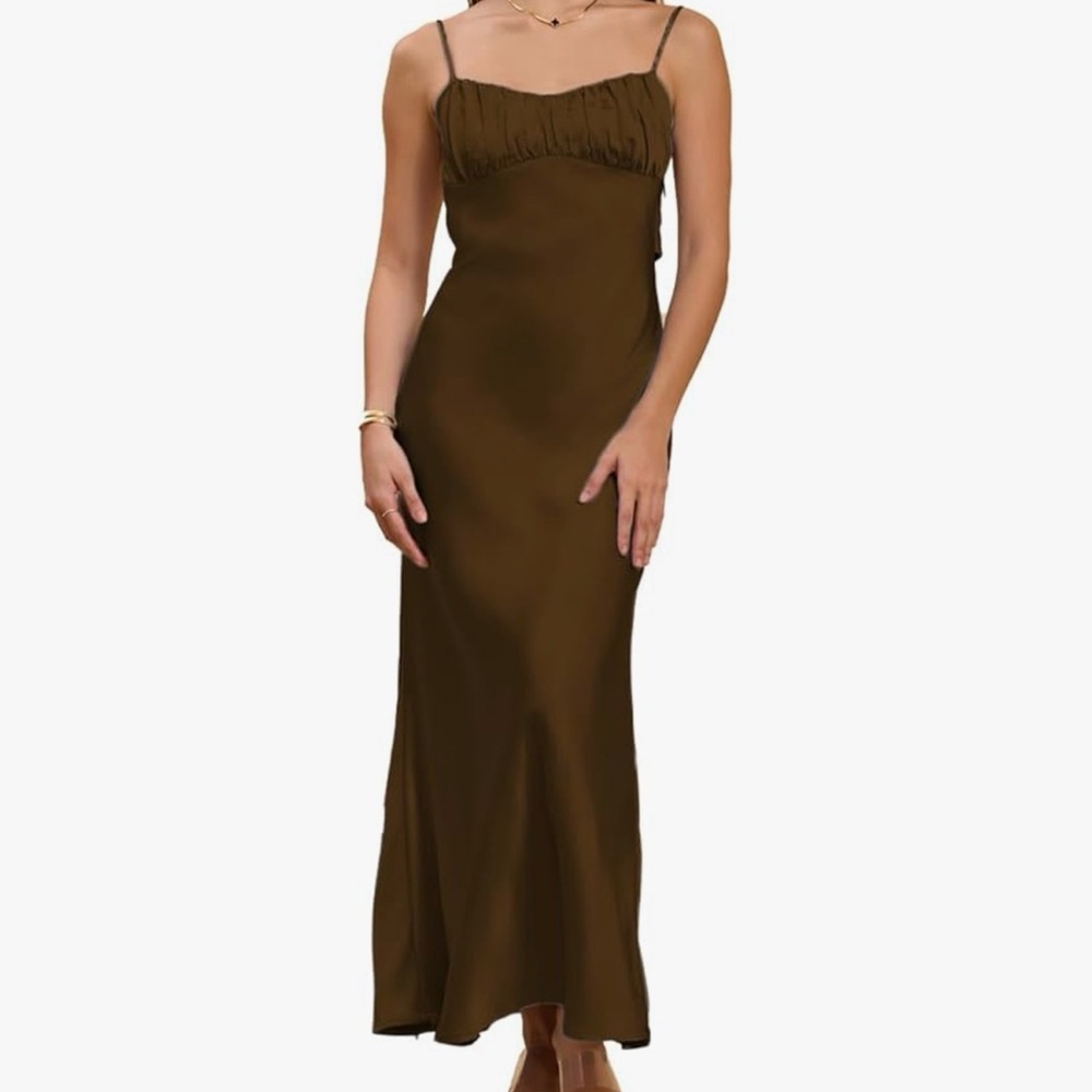 Chocolate Brown Ruched Bust Satin Maxi Dress Backless - size S